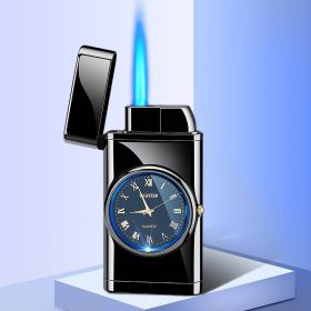 Lighter With Electric Watch Rocker Arm Automatic Ignition Straight Blue Flame Lighter Creative Real Dial Inflatable Windproof Lighter Men's Watch (Color: A black ice)